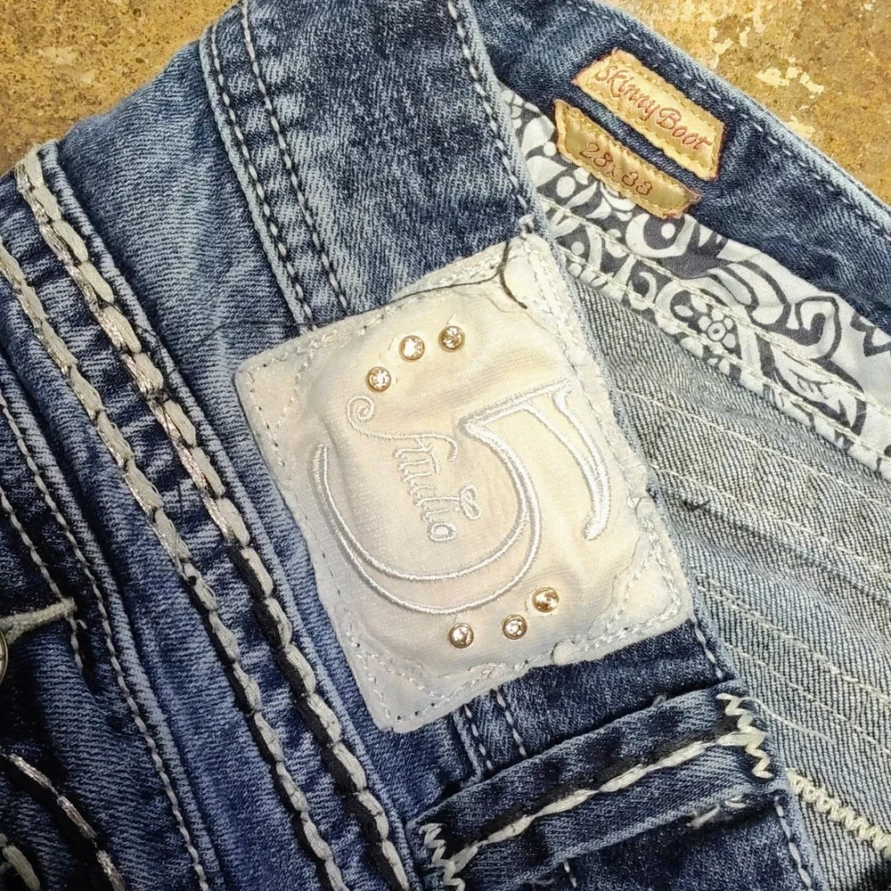 Y2K Studio 5 Low Rise Boot Cut Jeans 28 Womens Skinny Flare McBling Flap 2000s